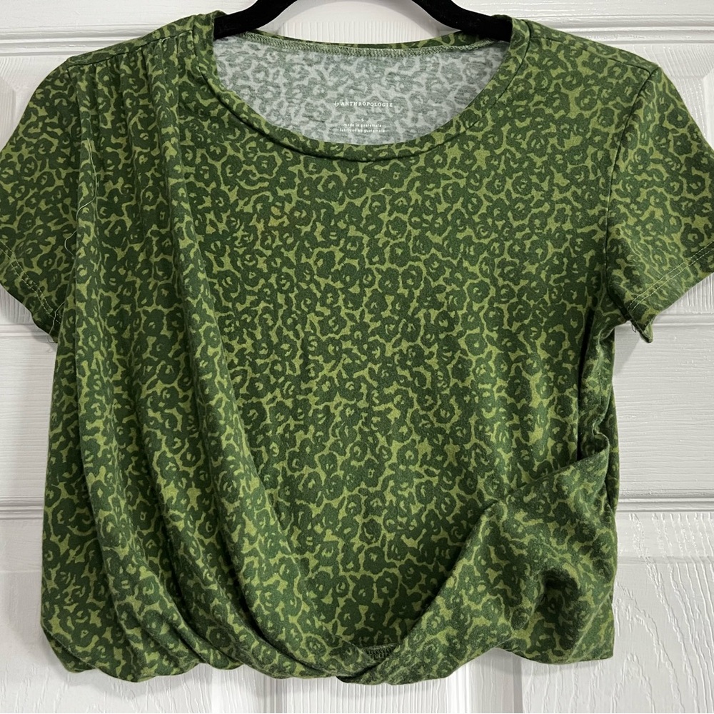 Anthropologie Green Leopard Print Cropped Draped Top Sz Small